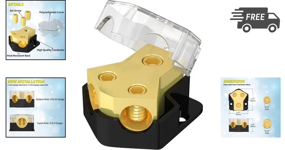 Car Audio Power Distribution Block 12V 2 Way Ground Splitter 0 2 4 Gauge - Image 2 of 4