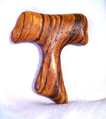 Artisan Crafted Unique Zebra Wood Tau Style Pocket Holding Cross - 2" X 2.5" - Picture 2 of 2