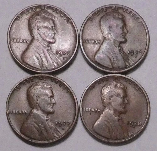 1925 D 1926 D 1927 D 1928 D  Lincoln Wheat Cent Penny - 4 Coins