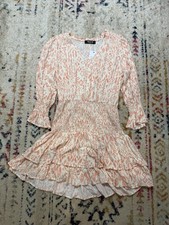 Blue B Coral/White Geometric Mini Dress Smocked Ruffle V-Neck Medium