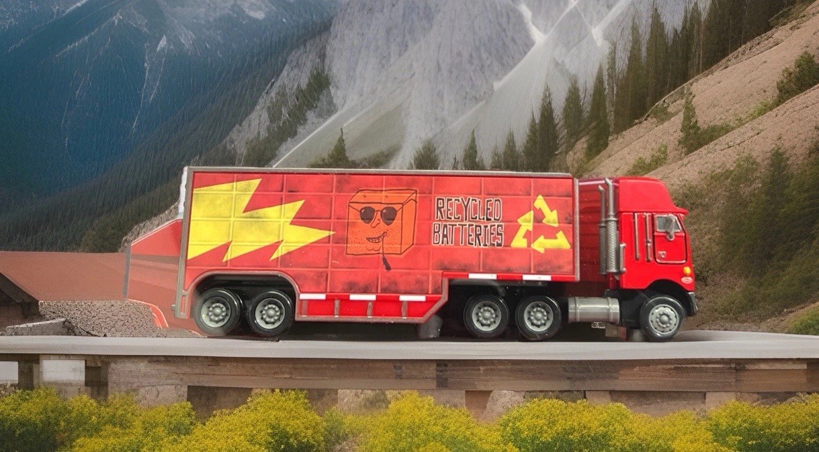 DISNEY PIXAR CARS JERRY RECYCLED BATTERIES SEMI TRUCK HAULER