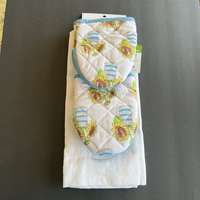 Sara Fitz Sunflowers Kitchen Set 4 Piece 2 Kitchen Towels, 2 Mini Oven Mitts New
