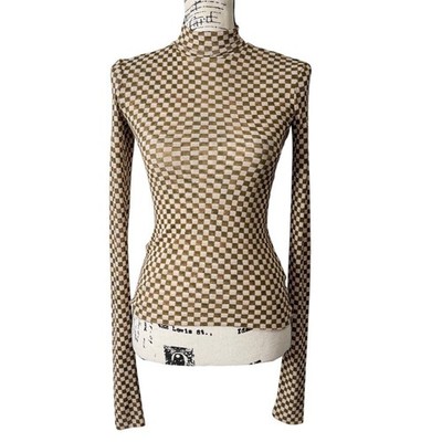 Nanushka Womens XS Harri Turtleneck Top Mesh Checkered Long Sleeve Brown Cream