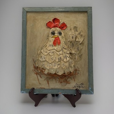 Vintage Handmade 3D Artwork Of A Chicken On Its Nest Signed By Artist Super Cute