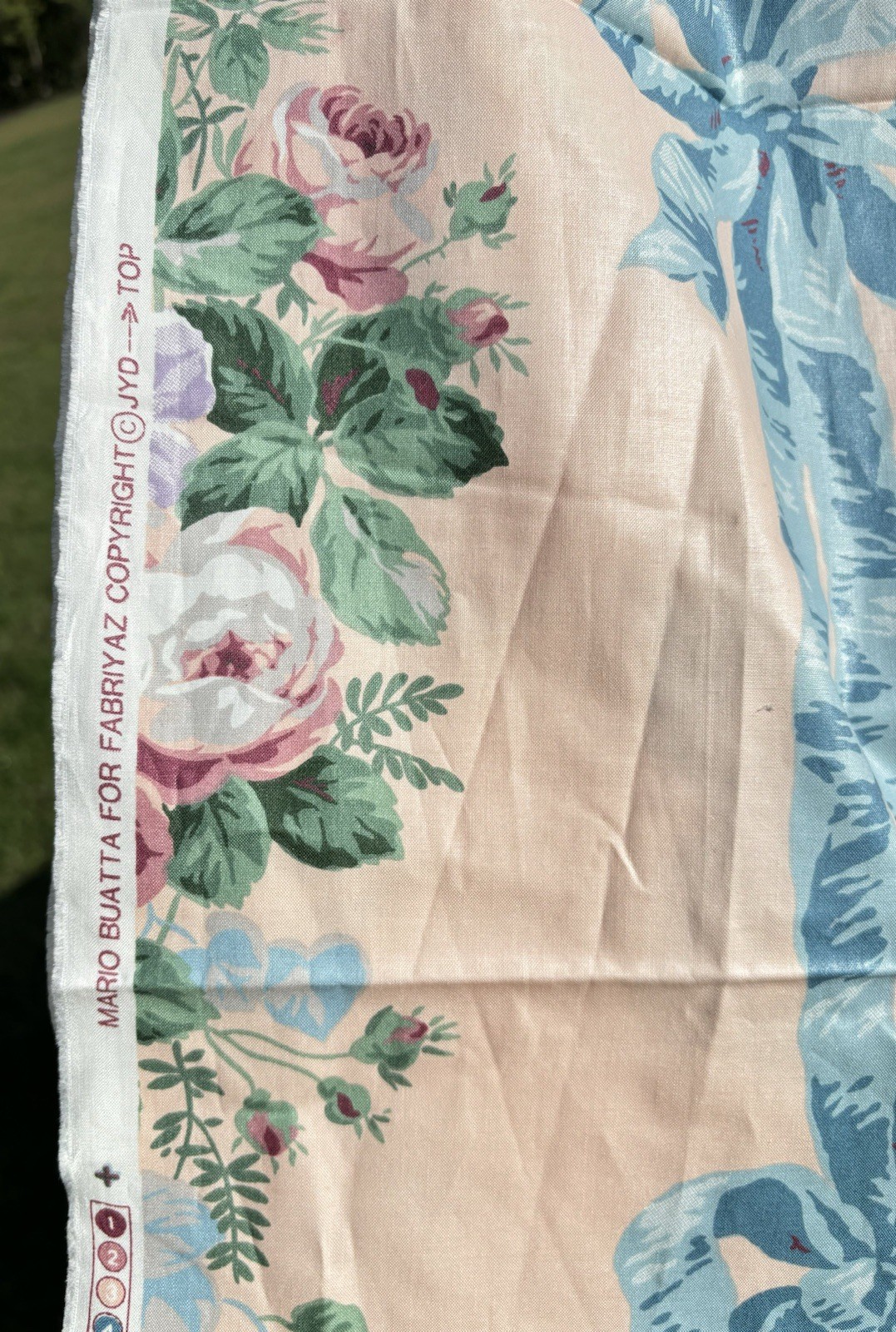 Vtg Mario Buatta Chintz Peach Apricot Fabric Floral Blue Ribbon Bow By The Yard