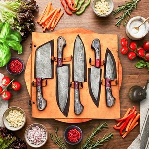 Couteau de cuisine en acier de Damas fabriqué à la main – 5 Pc Couteaux de chef / Poignée en bois de rose