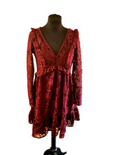 Burgundy Red Short Dress size8 by ASOS long sleeve lace look+ under slip NWOT