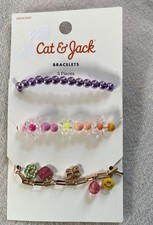 Cat And Jack 3 piece Bracelets Set Purple Beaded, Floral  Multi Charm Flower
