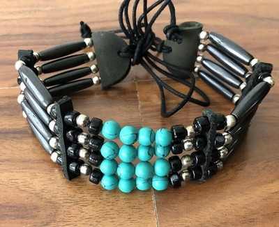 Native American Indian Style Buffalo Bone Choker Necklace Beaded Stone Dark