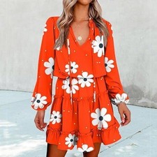 (CL) SHEIN Orange Daisy Floral Tiered Ruffle Mini Dress Long Sleeve Small 4 NWOT