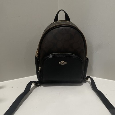 Coach Women s Logo Backpack Black Signature Print Zip Closure Gold Hardware