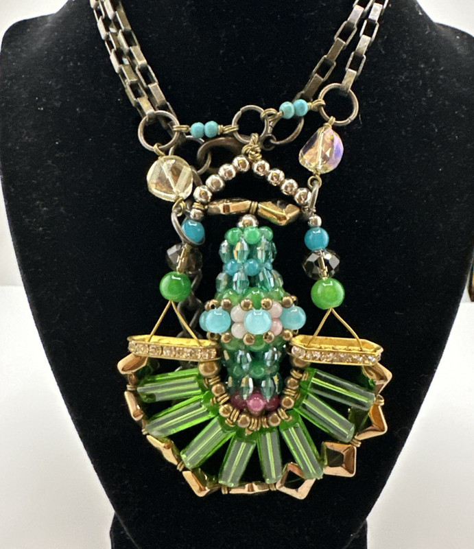 Vintage Pam Hiran Glass Lucite Rhinestone Beaded Statement Necklace Brass Tone.