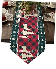 Christmas Tree Deer Elk Table Runners Extra Long 13X120 Inch, Buffalo Plaid 