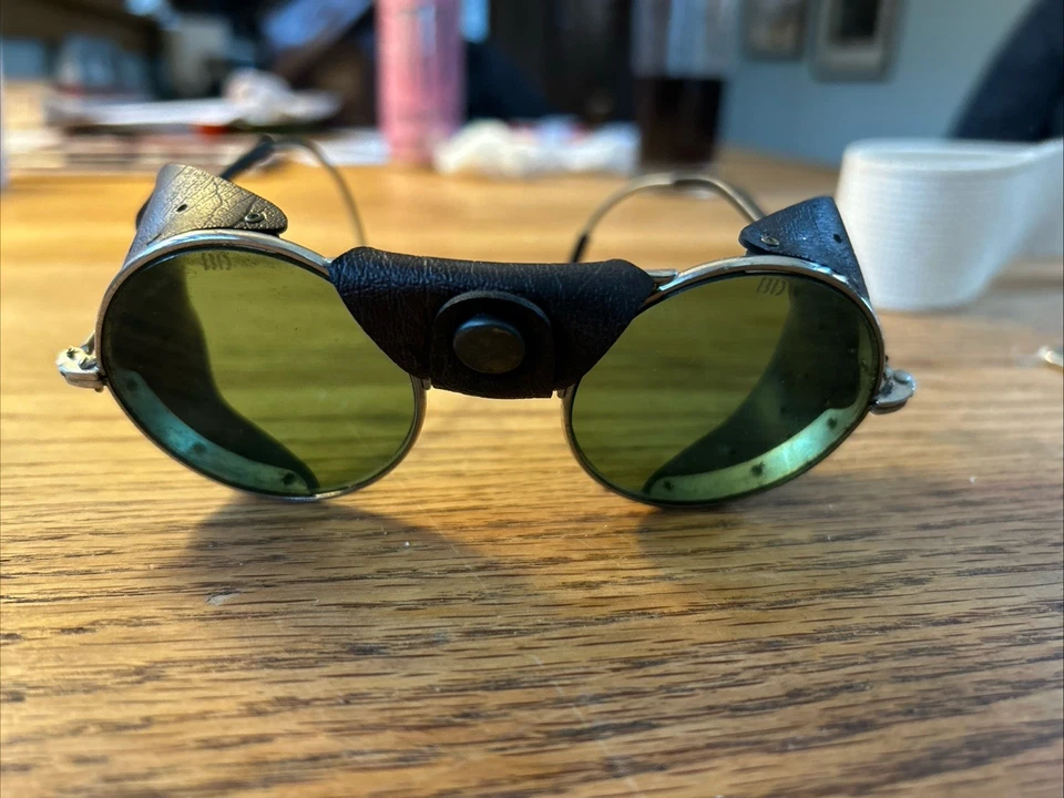 VTG Glacier Mountaineering Goggles Round Glass Lens Marked BD Leather Shields - Image 2 of 4