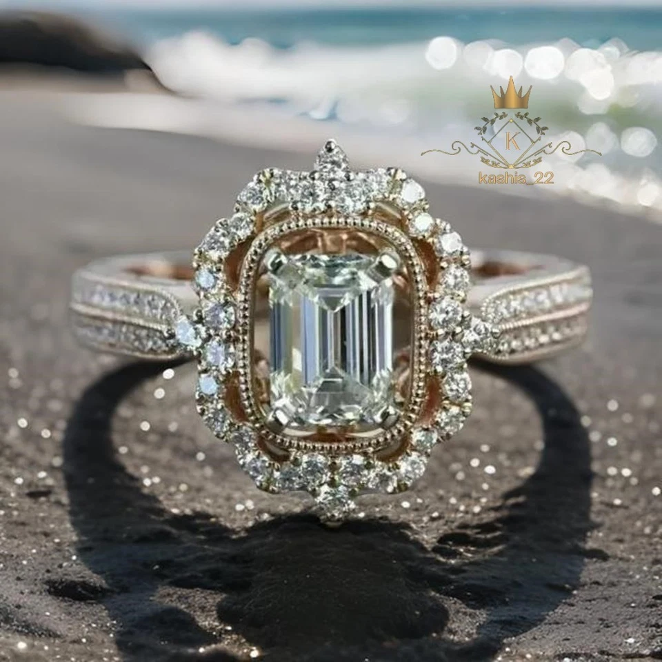 Anillo de compromiso vintage de moissanita de oro rosa sólido de 14 quilates corte esmeralda VVS1 2,75 quilates Foto 2 de 4