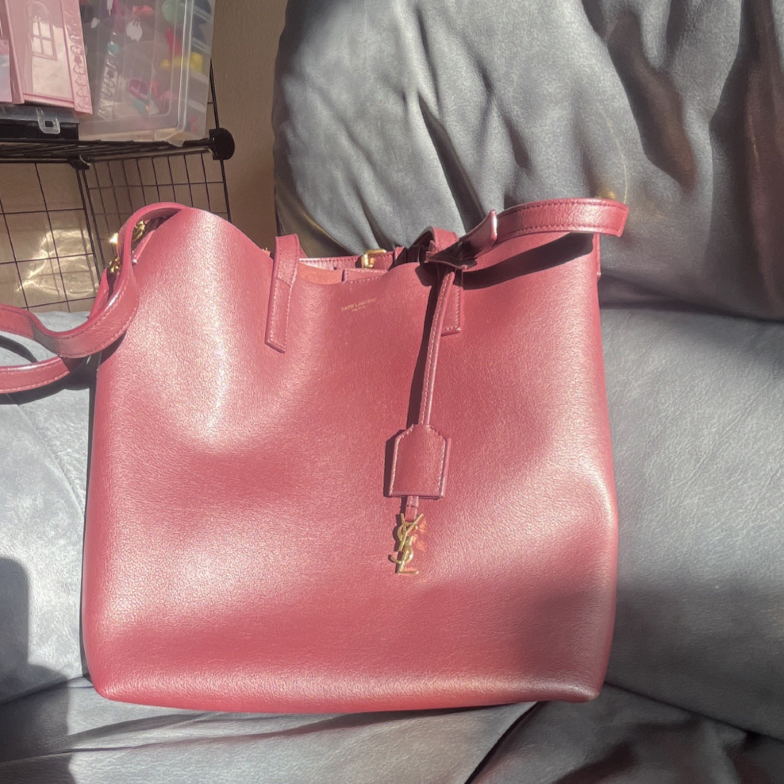 Saint Laurent Burgundy toy N/S Tote Handbag Gold Hardware Logo Accent