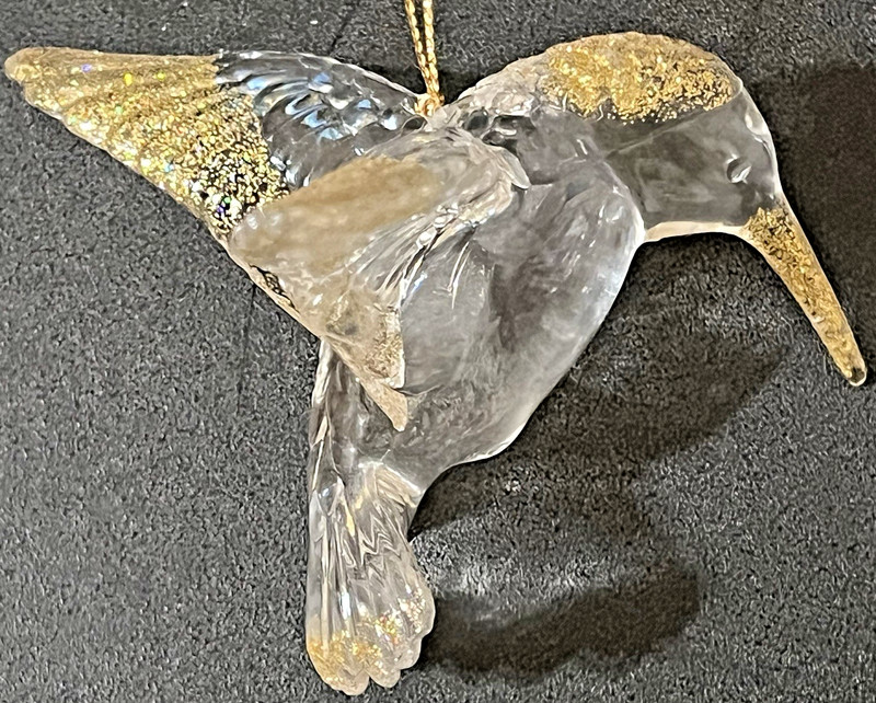 Clear Acrylic Hummingbird Ornament 4.25" Ribbed Wings Gold Glitter Accents