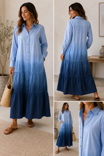 💙 Tibi Blue Ombré Tiered Maxi Shirt Dress Size 10