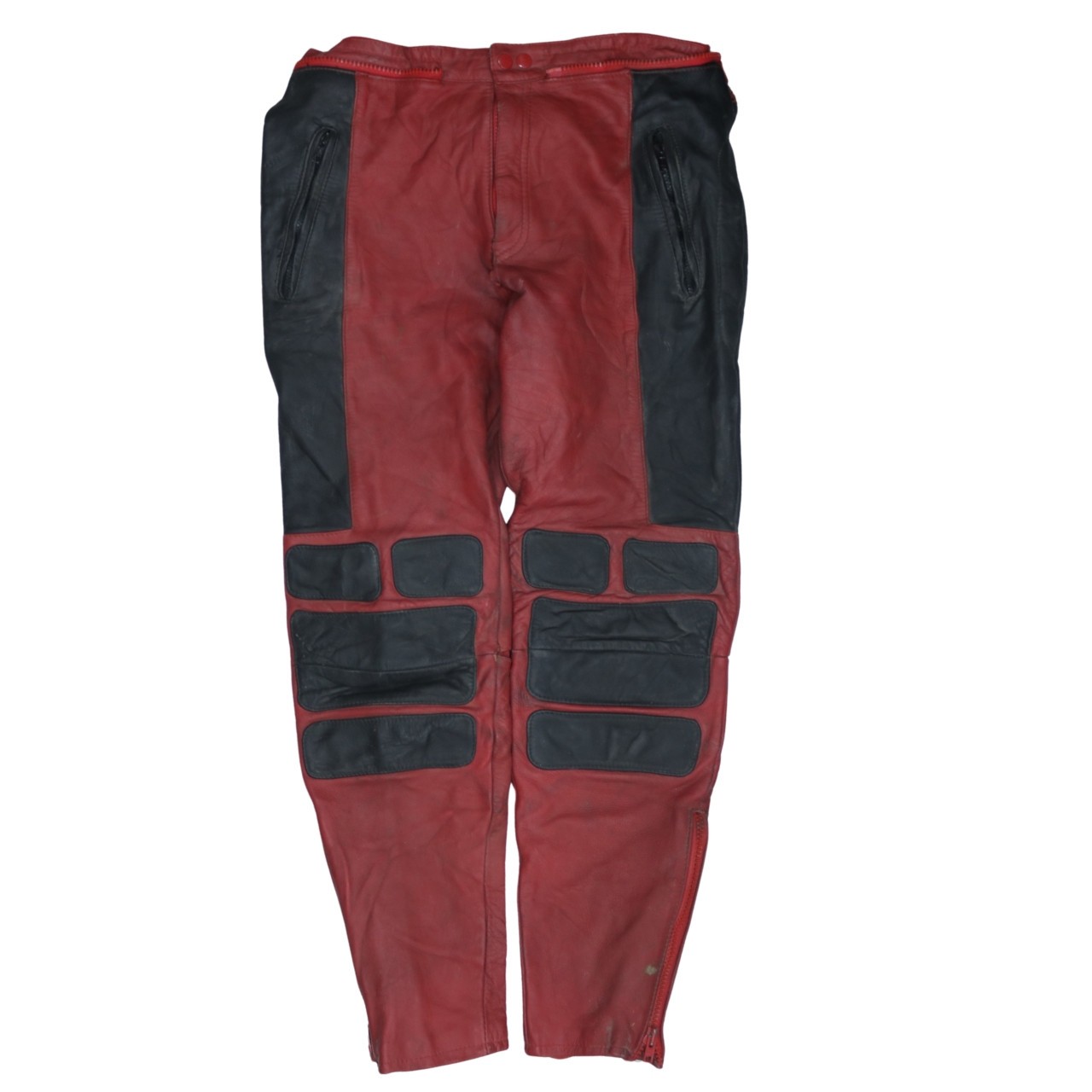 Retro Mens Leather Trousers Red Black Padded Motorcycle Biker Zip Pockets XL