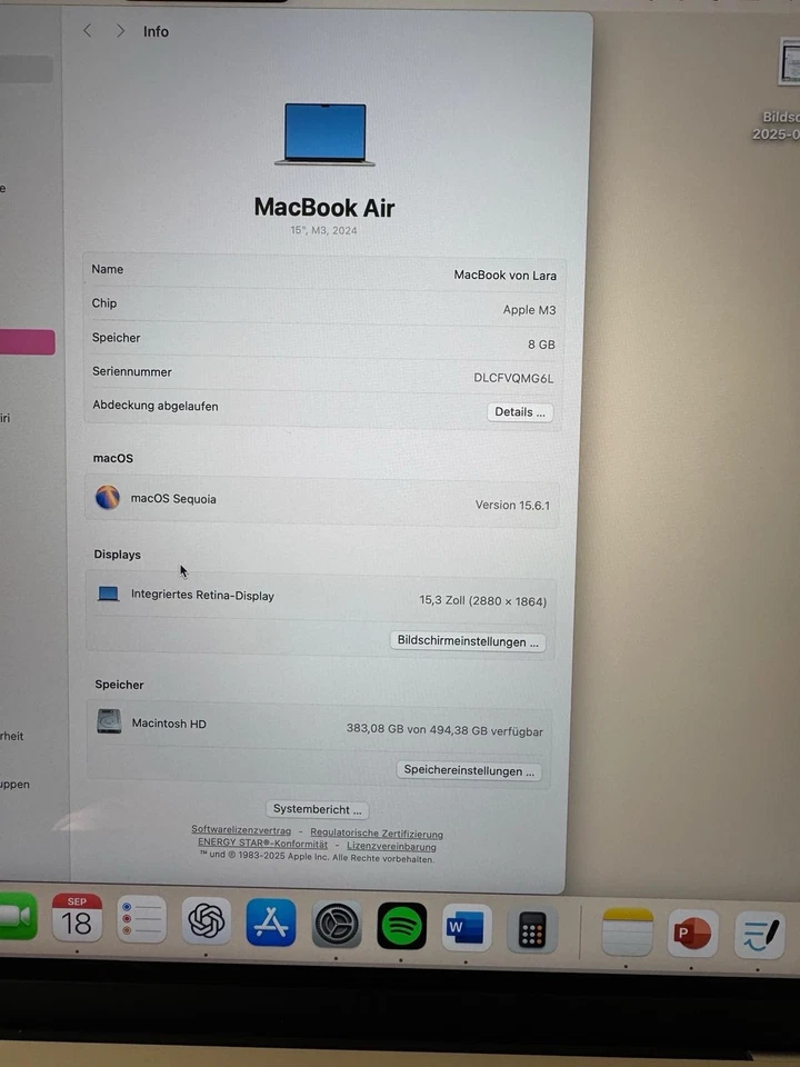 Apple MacBook 15,3 Zoll, M3 Prozessor, 8 GB RAM, 512 GB SSD - Bild 4 von 4