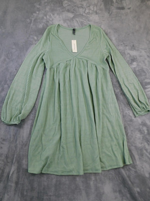 Francescas Dress Womens XL Sage Green Ribbed Knit Babydoll Long Sleeve V Neck