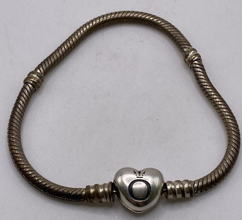 Authentic Pandora S925 ALE SS Heart Clasp Snake Chain Bracelet 7” 11.7g 590719