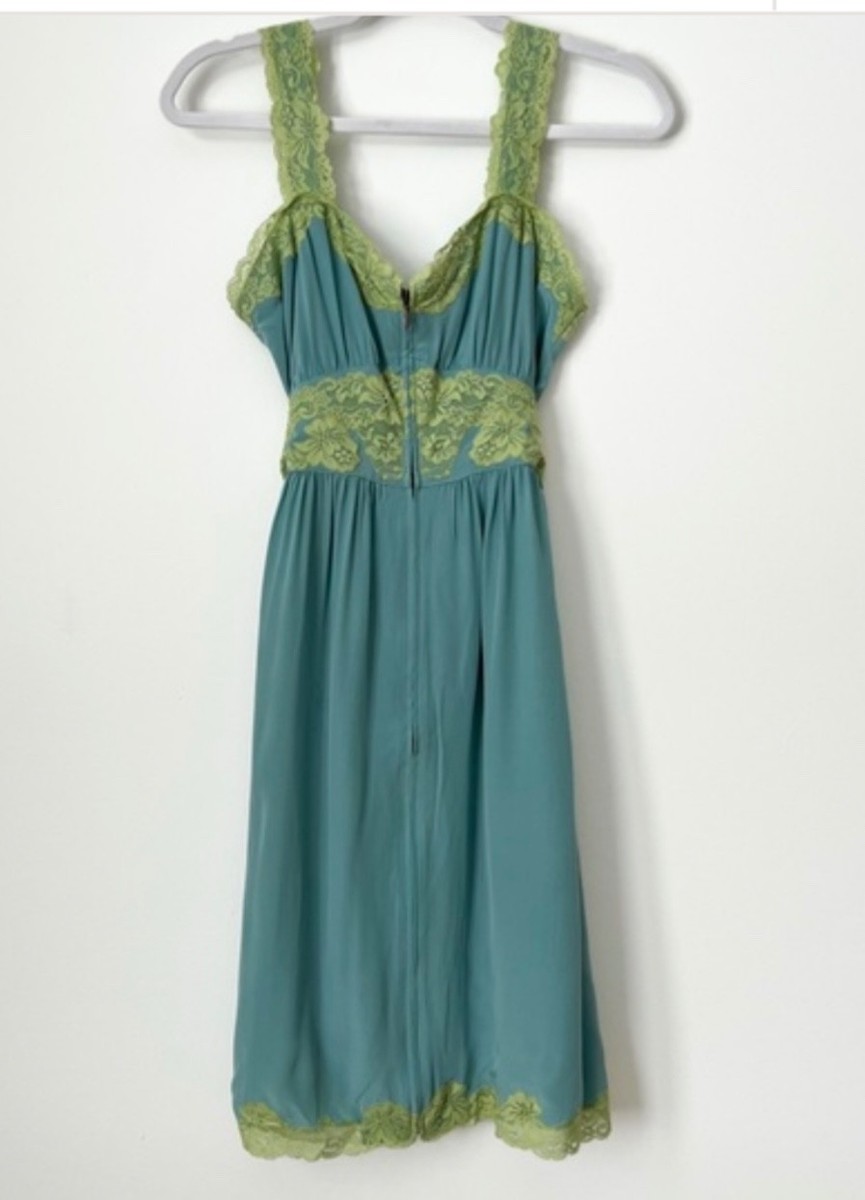 Betsey Johnson Vintage 6 Green Silk Zip Slip Dress Chartreuse Lace Tri m  Tie Bac
