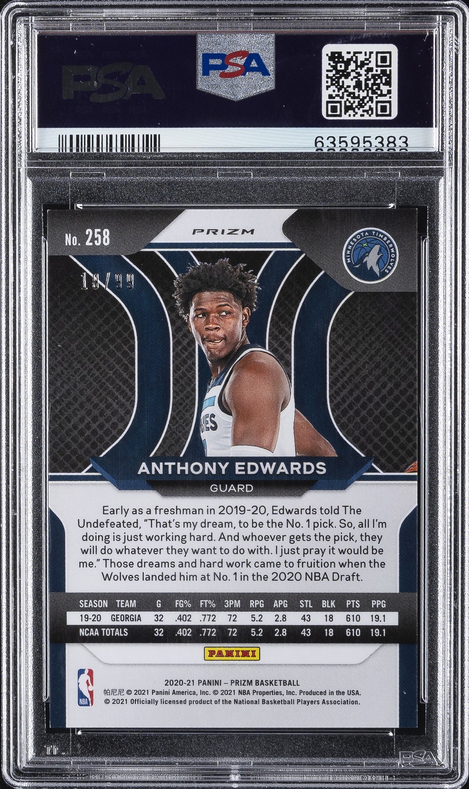2020 PANINI PRIZM PURPLE PRIZM #258 ANTHONY EDWARDS ROOKIE RC #/99 PSA 9 view 2