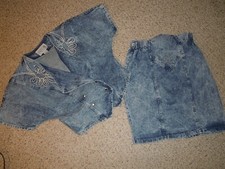 VTG PADO CALIFORNIA ACID WASH DENIM EMBELLISHED CROP JACKET/ PENCIL SKIRT SZ L