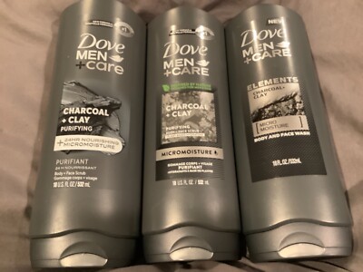 3 Dove Men + Care Charcoal + Clay Purifying Body + Face Wash Scrub 18 Fl Oz