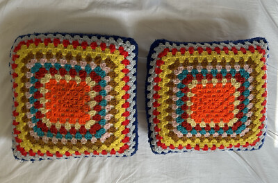 Pair of Colorful  Granny Square  Crochet Pillows 2 Sided  14'' Blue Red Orange