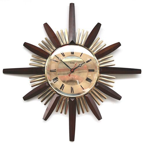 Large 46cm 1960s Sunburst teak Vintage Wall Clock Midcentury Retro Kitsch - Picture 1 of 19