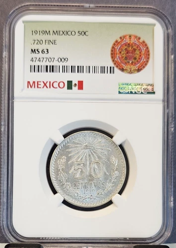 1919 MEXICO SILVER 50 CENTAVOS .720 FINE NGC MS 63 SCARCE KEY DATE HIGH GRADE