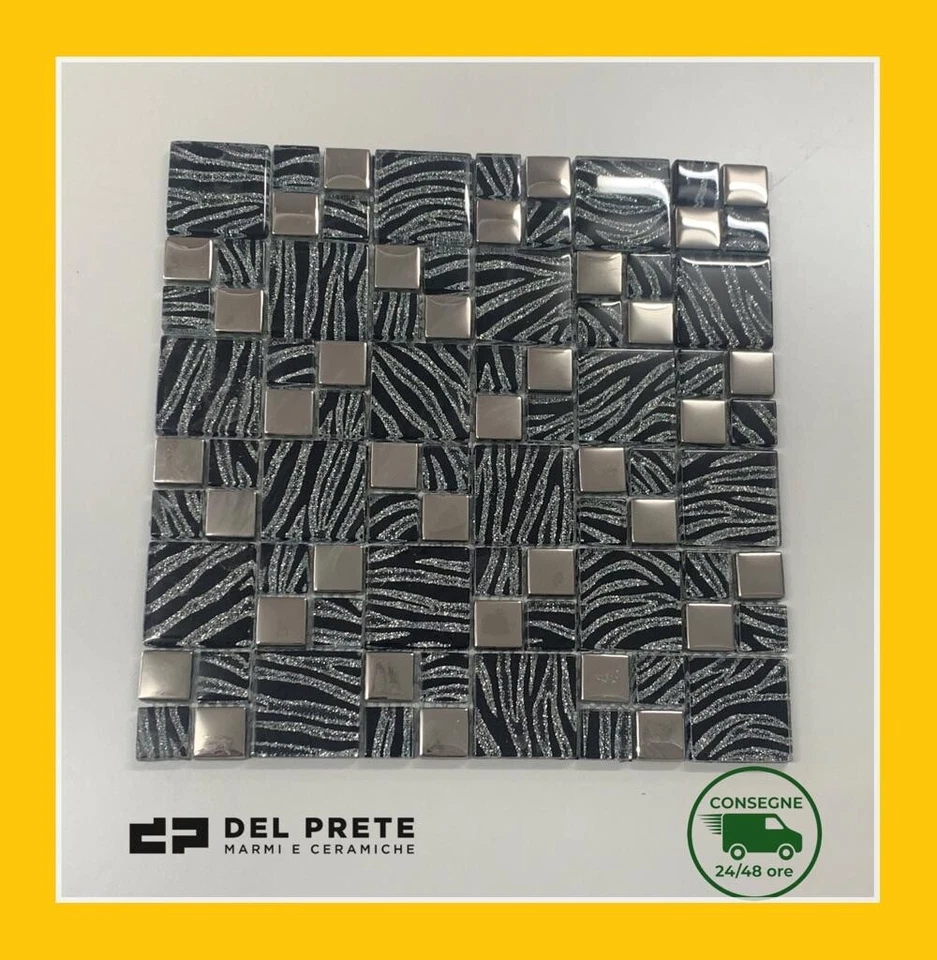 MOSAICO bagno vetro RIVESTIMENTO PIASTRELLE su rete 30x30cm BOXER BLACK SILVER - Immagine 2 di 4