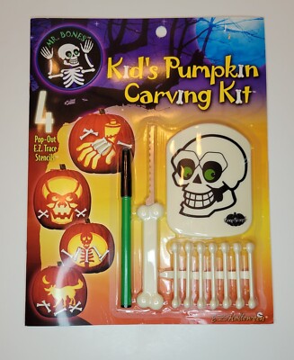 Halloween Mr. Bones Kid's Pumpkin Carving Kit Stencils Skeleton Bones EZ 2004