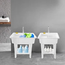White Utility Sink Laundry Tub For Washing Room, Basement,Garage Wash Station