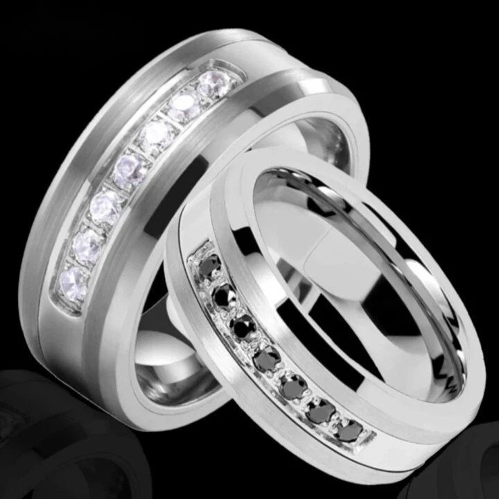 Anillo banda de carburo de tungsteno con incrustación de piedra circonita cúbica negra/blanca de 8 mm para hombres mujeres anillo Foto 4 de 4