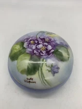 Handpainted Vintage Signed Round Purple Flowers Floral Trinket Dish with Lid