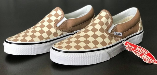 tan checkerboard slip on vans