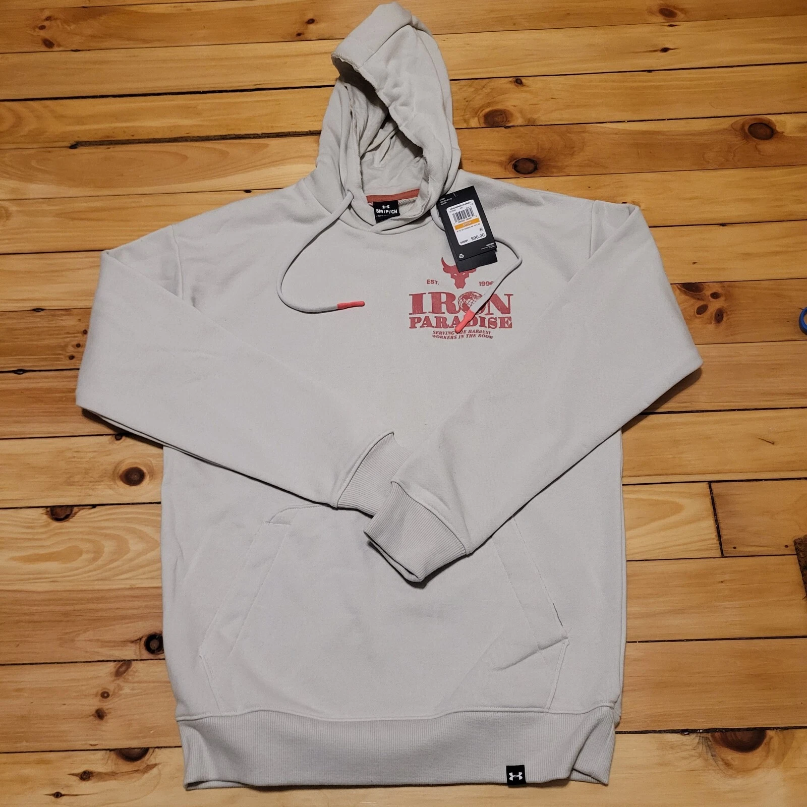 Under Armour Project Rock Sweatshirt Mens Small Beige Lined Graphic Logo Hoodie