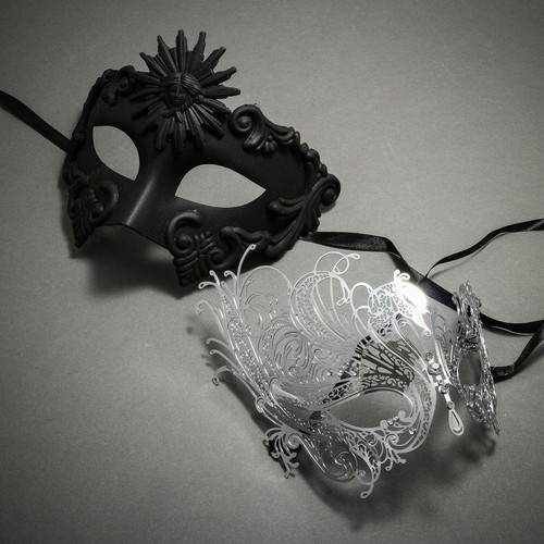 Black Greek Emperor & Silver Venetian Swan Party w/ Rhinestones Couple Masks - Picture 1 of 9