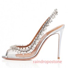 Women's Shoes PVC Peep Toe High Heels Sandals Slingbacks Crystal Rhinestone Heel