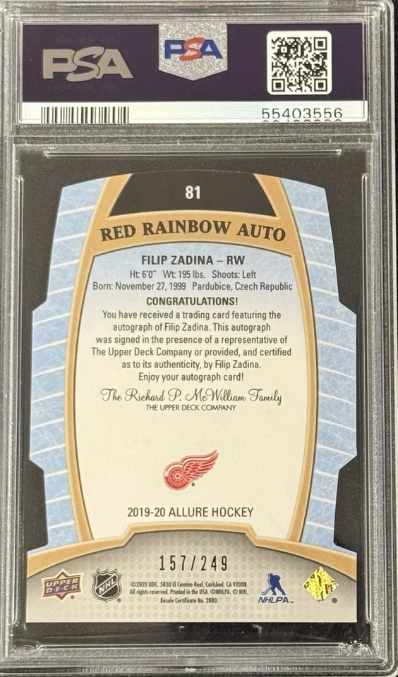 2019-20 Upper Deck Allure FILIP ZADINA RC Red Rainbow Auto #81 PSA 10 - Image 2 of 2