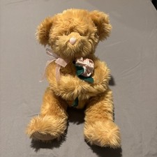 Vintage Russ Berrie Champagne Teddy Bear 14" Plush Holding Pink Rose Valentine