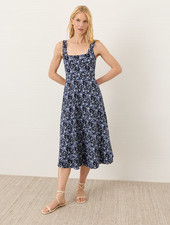 PACT Organic Fit  Flare Square Neck Dress Paradise Petals Navy Blue NEW