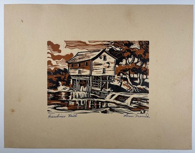 HARRY LOUIS FREUND Signed Color Woodcut ''Hawkins Mill'' Ozarks WPA c 1940