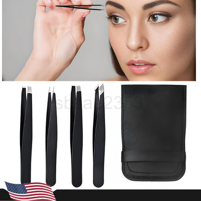 Tweezers Set 4PCS Professional Black Plucker Stainless Steel with Case US