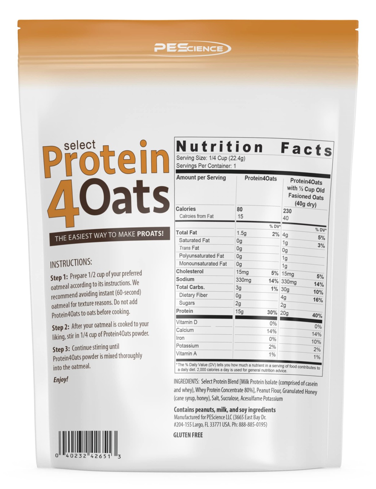 Protein4Oats High Protein Oatmeal Supplement 8.5 oz 20g Protein per Serving