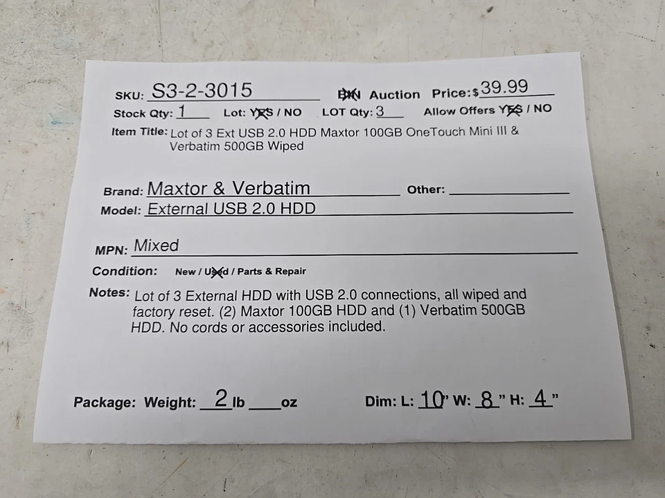 Lot of 3 Ext USB 2.0 HDD Maxtor 100GB OneTouch Mini III & Verbatim 500GB Wiped - Image 2 of 4