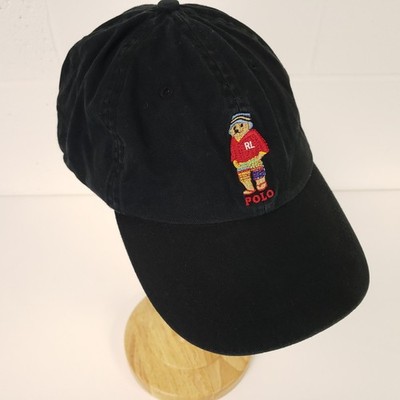 Ralph Lauren Polo Bear Baseball Cap schwarz verstellbarer Riemen hinten Teddy Mütze Baumwolle